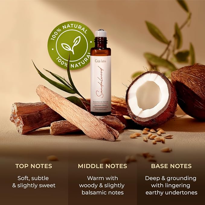 Gya Labs Sandalwood Essential Oil Roll on - Sandalwood Perfume for Women & Men, 100% Pure Natural Aromatherapy Oil Roller for Skin, Alcohol Free, Travel Size (0.34 Fl Oz)