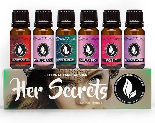 Eternal Essence Oils Her Secrets Set of 6 Premium Fragrance Oils - Includes Pretty, Dark Embrace, Forever Yours, Secret Crush, Pink Splash, and Sugar Kiss Scents Scented Oils - 10ML