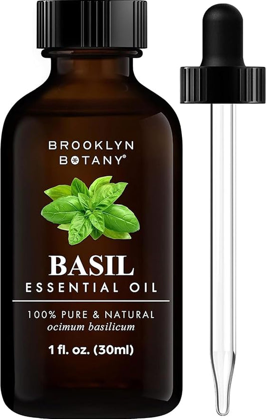 Brooklyn Botany Basil Essential Oil – 100% Pure and Natural – Premium Grade Oil with Dropper - for Aromatherapy and Diffuser - 1 Fl Oz