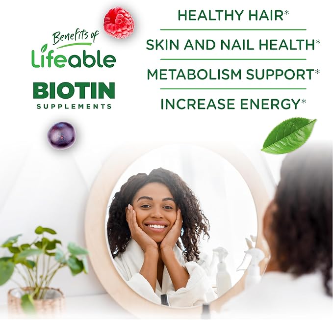 Lifeable Sugar Free Biotin Gummies | 5000mcg Vitamin B7 | Great Tasting Biotin Supplement | for Hair Growth, Skin and Nail Health | Hair Supplement for Women, Men, Adults | 90 Gummies