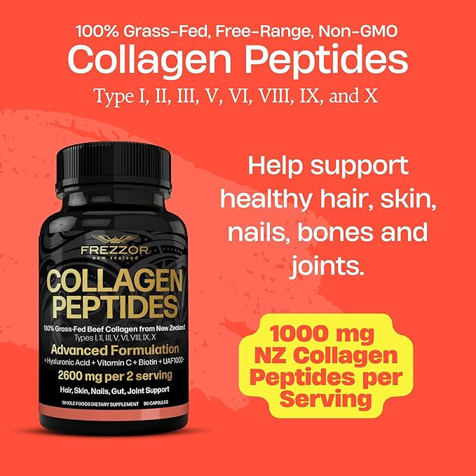 FREZZOR Collagen Peptides with UAF1000+, 100% Grass-Fed New Zealand Cattle Source, Hydrolyzed, Joint, Skin, Hair & Nail Support, Amino Acids, Anti-Aging, 90 Capsules, 1 Bottle