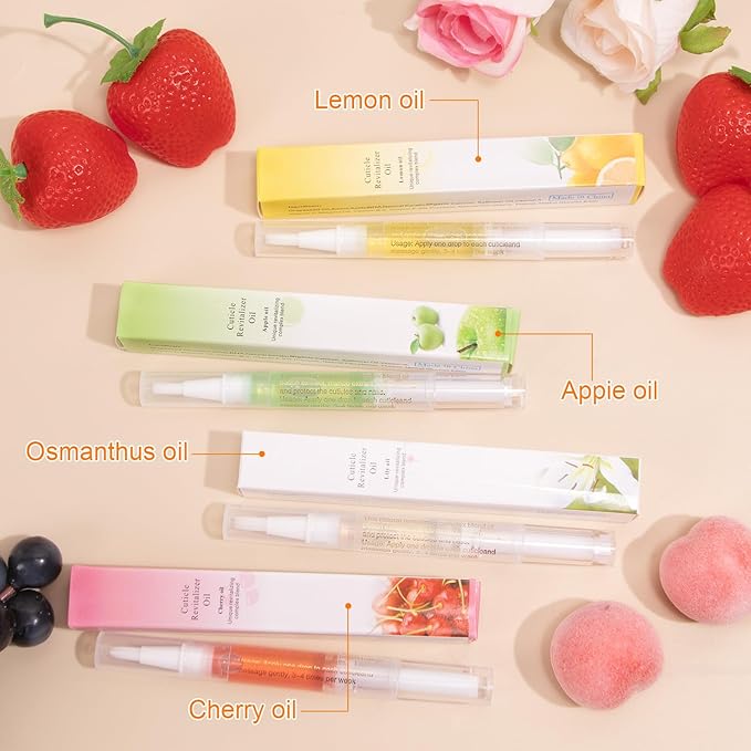 Meschett 4PCS Cuticle Oil Pens with Nail File for Nail Care, Nail Pen Oil with Natural Ingredients, Fingernails and Toenails Oil Cuticle for Repairing Cracked(Mix Flavors)