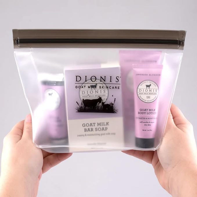 Dionis Goat Milk Skincare Lavender Blossom 6 Pc Self Care Essentials Travel Set - Bar Soap, Shave Butter, Hand Cream, Body Lotion & Whipped Sugar Body Scrub In Resealable Leak Resistant Carrying Case