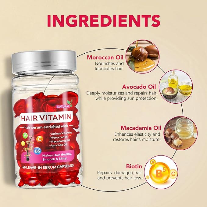 Hair Vitamin Serum Oil Capsule,Hair Treatment Serum with Vitamins A C E Pro B5 and Argan Macadamia Avocado Oils,No Rinse,and Safe for All Hair,For Men & Women(40PC)