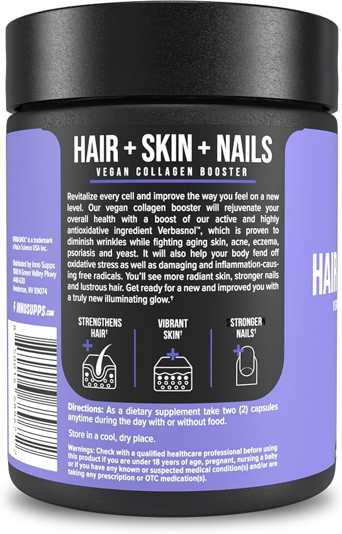 InnoSupps Hair + Skin + Nails Supplement | Vegan Collagen Booster | Biotin, B12, Horsetail Herb Powder | Stimulate Hair Growth, Revitalize Skin, Strengthen Nails | 60 Capsules