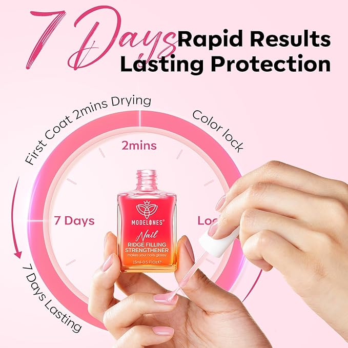 modelones Nail Strengthener, 8-in-One Nail Ridge Filler Base Coat Nail Polish Repair Nail Growth Treatment for Thin and Damaged Nails, Jelly Pink, 15ml
