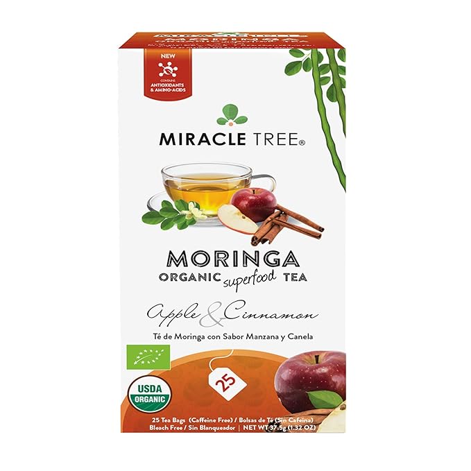 Miracle Tree - Organic Moringa Superfood Tea, 25 Individually Sealed Tea Bags, Apple & Cinnamon (Keto, Detox, Energy/Immunity Booster, Vegan, Gluten-Free, Organic, Non-GMO, Caffeine-Free)