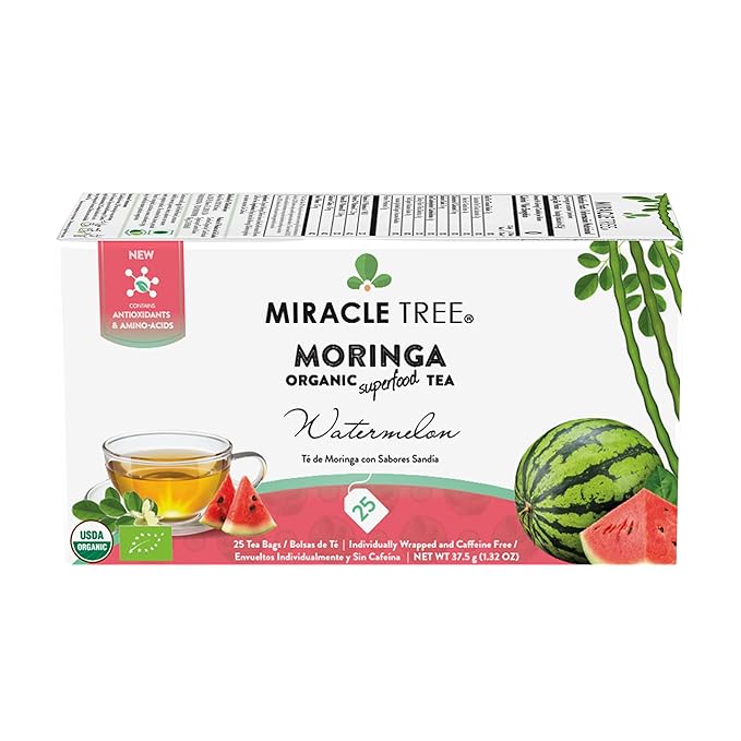 Miracle Tree - 3 Count of Organic Moringa Superfood Tea, 25 Individually Sealed Tea Bags, Watermelon (Keto, Detox, Energy/Immunity Booster, Vegan, Gluten-Free, Organic, Non-GMO, Caffeine-Free)