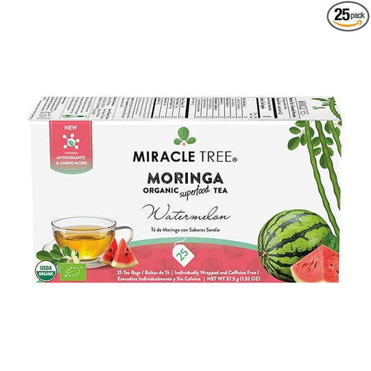 Miracle Tree - Organic Moringa Superfood Tea, 25 Individually Sealed Tea Bags, Watermelon (Keto, Detox, Energy & Immunity Booster, Vegan, Gluten-Free, Organic, Non-GMO, Caffeine-Free)