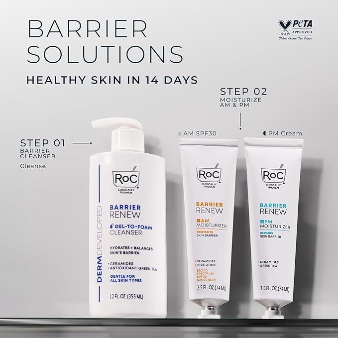 RoC Barrier Renew Day Cream with SPF 30, Moisturizer with Ceramides & Prebiotics to Protect Skin Barrier, (2.5 oz) with Retinol Eye Cream Packette