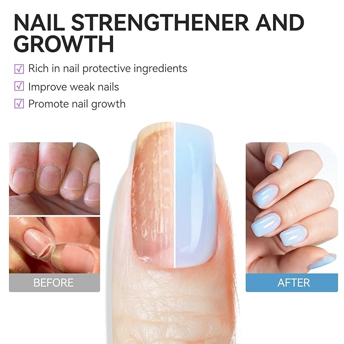 Nail Polish Strengthener and Growth Treatment: Azure Blue 15ml Gelike EC 6 in 1 Natural Nail Strengthener for Damaged Nails - Long Lasting Nail Hardener and Strengthener - For Daily Home Salon