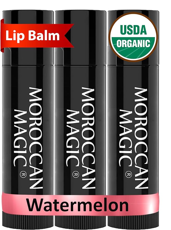 Organic Moroccan Magic Lip Balm 3 Pack | Watermelon Lip Balm Set | Chapsticks for Dry Lips | Made with Natural Argan, Essential Oils Lip Moisturizer and Vitamin E | Smooth Application, Non-Toxic