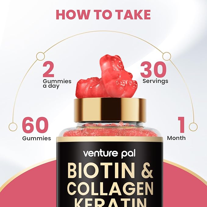 Venture Pal Biotin Gummies with Collagen & Keratin - Hair Growth Support Skin and Nail Strength Vitamins for Women & Men - Biotin 10000mcg | B-Complex | Saw Palmetto - Sugar Free, Non-GMO, 60ct