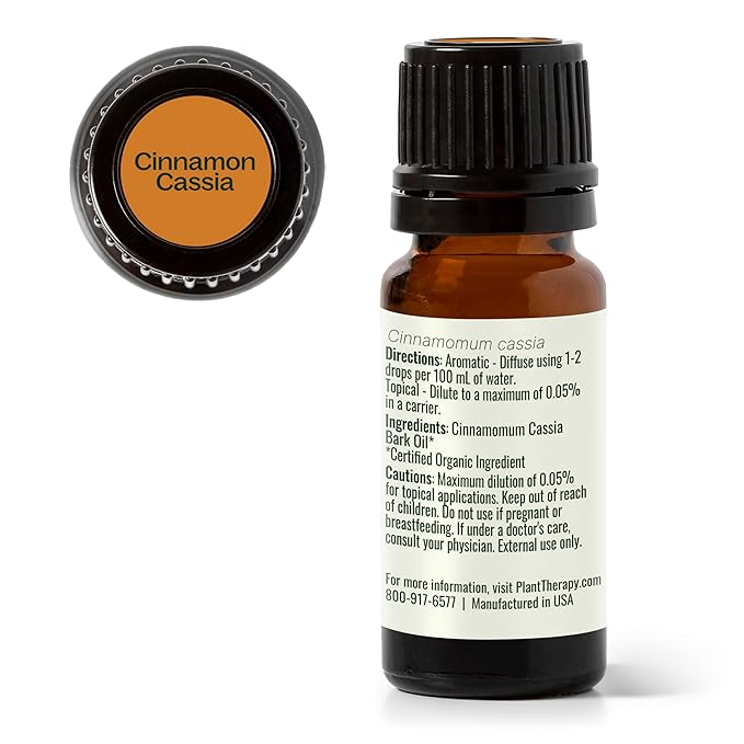 Plant Therapy USDA Certified Organic Cinnamon Cassia Essential Oil 10 mL (1/3 oz) 100% Pure, Undiluted, Therapeutic Grade