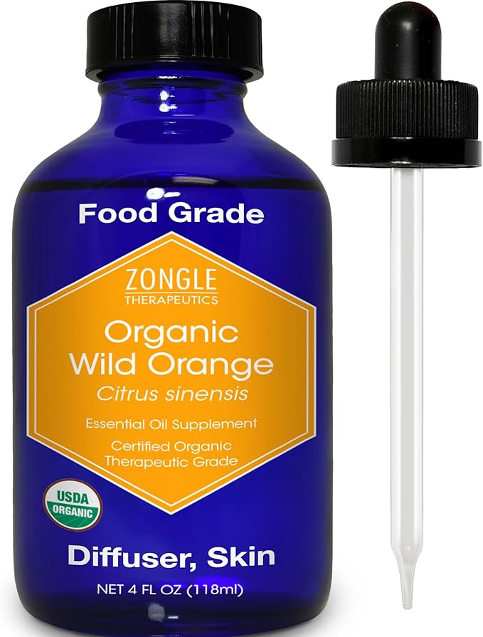 Organic, Orange Essential Oil, Food Grade, for Baking, Skin – 100% Pure, Wild, Orange Oil, Safe for Ingestion, by Zongle Therapeutics, 4 OZ