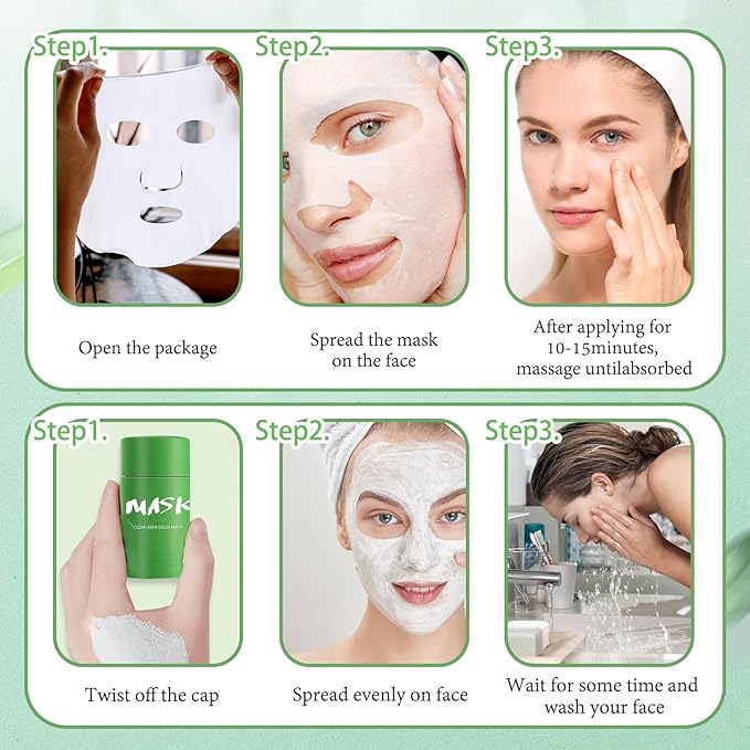 5PCS Green Tea Face Sheet Masks Set, 2PCS Oil Control Long Lasting Moisturizing Blackhead Remover Facial Mask Clay Stick, Deep Pore Cleansing Face Mask Skin Care for All Skin Types（7PCS）