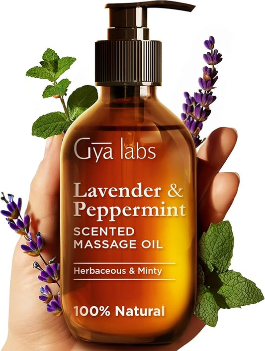Gya Labs Lavender & Peppermint Massage Oil - 6.76 Fl Oz - 100% Pure Natural Aromatherapy Body Massage Oil for All Skin Types & Sore Muscles - Crafted with Jojoba, Argan, Sunflower & Sweet Almond