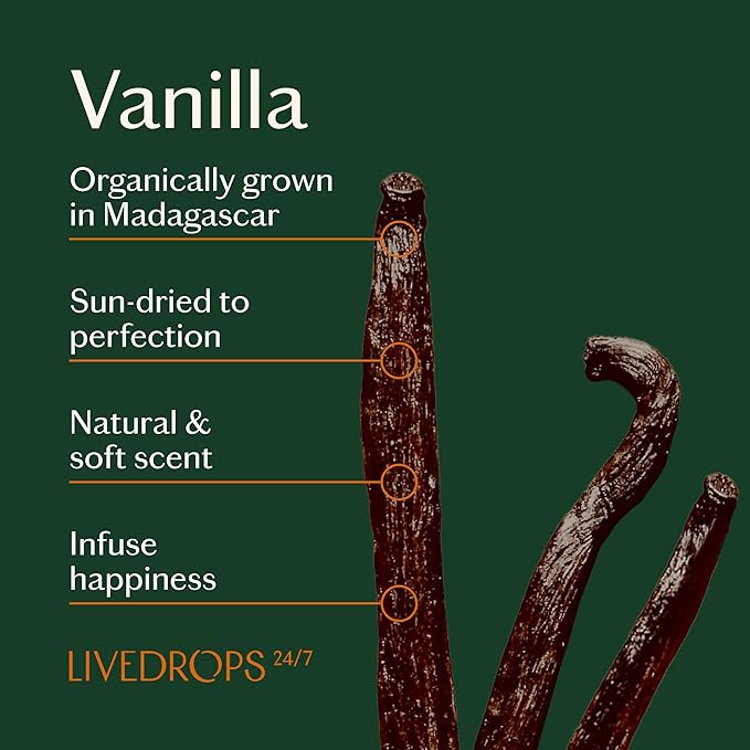 LIVEDROPS 24/7 Vanilla Oil Blend, Feel Good. Madagascar Vanilla Planifolia. Warm & Creamy. Natural Aromatherapy. Diffusor Compatible & dilute in Carrier Oil for Skin. Clinically Tested.