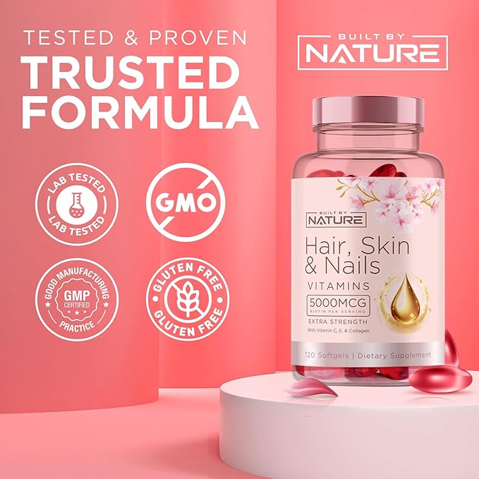 Hair Skin and Nails Vitamins – 5000mcg Biotin with Vitamin C, E, Collagen, Hyaluronic Acid, Argan & Coconut Oil – Luscious Hair Growth & Radiant Skin Supplement for Women – 120 Softgels