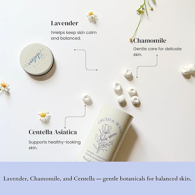 3-in-1 Solid Facial Cleanser, Exfoliator, and Wash-off Mask - Vegan, Cruelty-Free, Plastic-Free, Travel-Friendly, 1 Month Supply (60 Crushable Tablets) in Tin (Calming Beans in Tin)