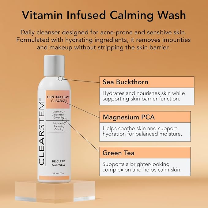 CLEARSTEM - GENTLECLEAN Vitamin C Infused Calming Wash - Facial Cleanser, Makeup Remover - Goldenseal + Green Tea - Facial Skin Care Products - Vegan, Gluten Free, Cruelty Free - 6 fl oz / 207ml