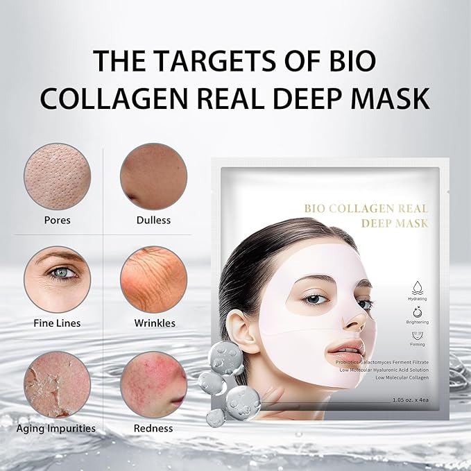 IREV Bio-Collagen Face Mask Deep Overnight Hydrating Face Mask for Wrinkles Selfcare Sheet Skin Care Facial Treatments & Masks for Women Firming and Moisturizing Elasticity Anti-Wrinkle 4 Pack