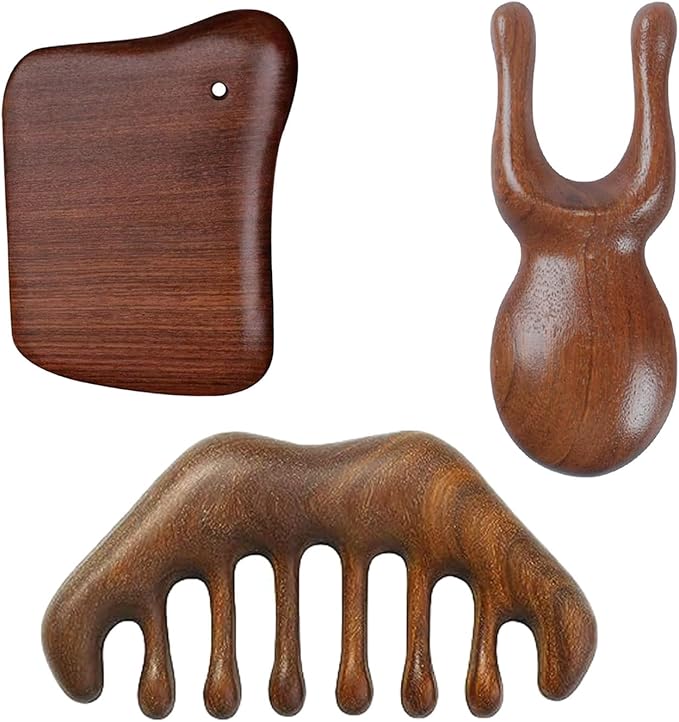 MIUPOO Wood Gua Sha Massage Set Facial Tools,Face Massager,Head Scratcher, Self Care Products,Wood Therapy Massage Tools,Relieve Muscle Tension and Lymphatic Drainage,Package 3 Pieces