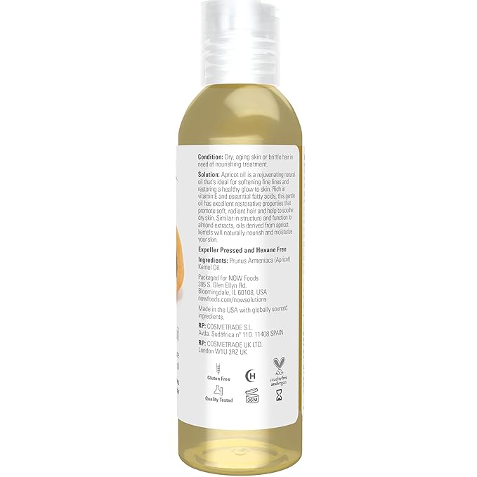NOW Foods Solutions, Apricot Kernel Oil, Hair Moisturizer, Rejuvenating Skin Oil, Softens Fine Lines, 4-Ounce