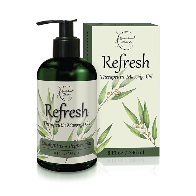 Refresh Massage Oil for Massage Therapy with Eucalyptus & Peppermint Essential Oils - All Natural Sore Muscle Relief. Ideal for Full Body Relaxation – Nut Free Formula 8oz