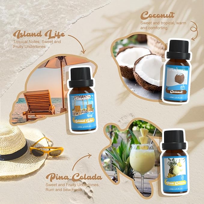 SALKING Surf & Sand Fragrance Oils, Premium Essential Oil for Diffuser, Scented Oil Gift Set for Soap Candle Making - Ocean Breeze, Salty Sea, Pink Sand, Coconut, Island Life, Pina Colada