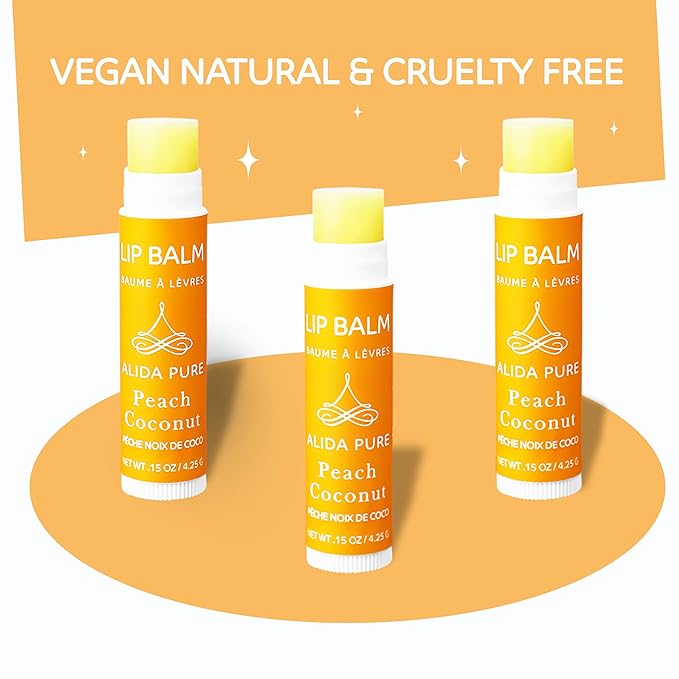 Lip Balm Collection - Peach Coconut, Vegan, Beeswax Free, Avocado Oil, Organic Jojoba Oil, Vitamin E, Moisturizer for Dry, Chapped Lips - 3 Tube Set