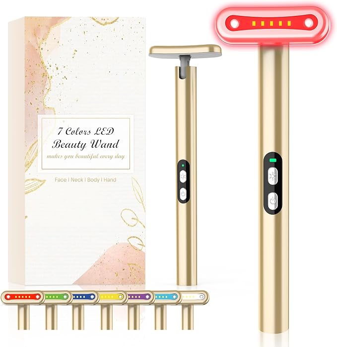 Red-Light-Therapy-Wand-for-Face, 7 Colors LED Light Therapy Wand Eye Facial Red & Blue Rejuvenation Tool, Face Massager, Golden