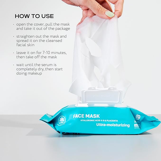 NSC Korean Moisturizing Face Masks with Hyaluronic Acid - 30-Pack Premium Hydrating Sheet Mask Set - Advanced K-Beauty with Shea Butter and Jojoba Oil - Skincare Monthly Supply for All Skin Types