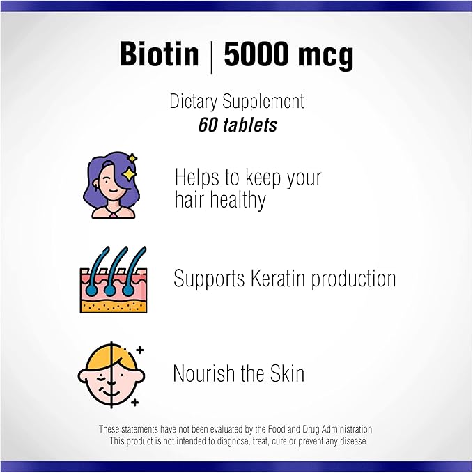 Biotin 60 Tablets 5000 mcg by Natural Systems | Biotin Hair Growth Support Pills | Hair Skin Nails Vitamins for Men and Women | Biotin Supplement Improves Cell Growth