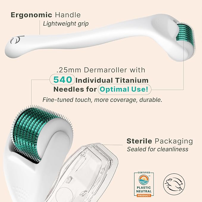 Derma Roller Microneedling Roller - Titanium 0.25mm Micro Needler for Face, Gently Exfoliates, Microneedle Tool for Beard, Scalp & Hair, Skincare Tools for Face