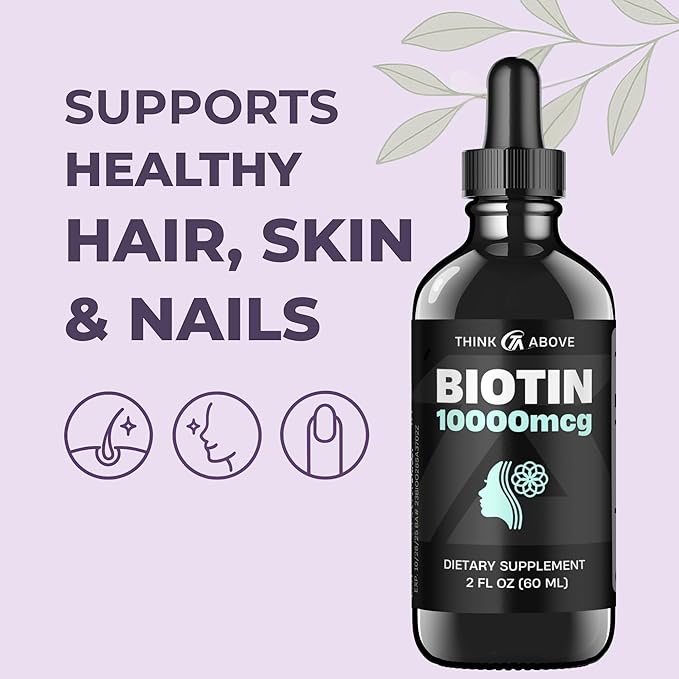 Liquid Biotin 10,000 mcg with Vitamin C – High Potency Hair, Skin & Nail Support – Fast Absorption Biotin Drops – 60 Day Supply – 2 oz