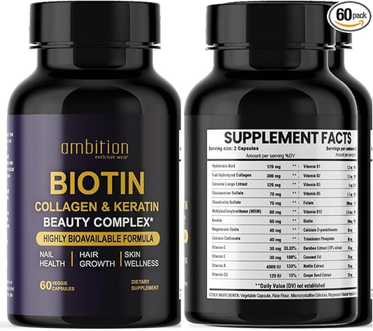 Hyaluronic Acid, Biotin, Collagen, Keratin, Cucurma, Vitamins 25,000 Beauty Complex, 60 Veggie Capsules, Hair Growth, Nail Join Bone Health Supplement