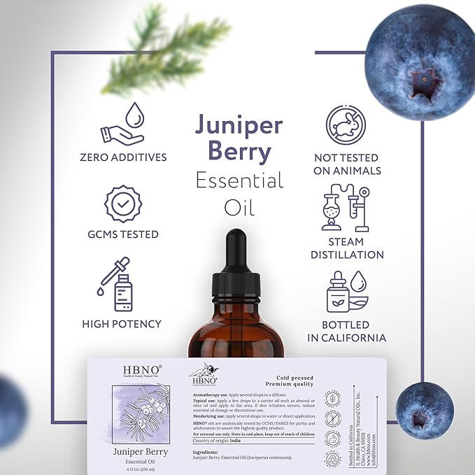 HBNO Juniper Berry Essential Oil - 4 oz (120 ml) Value Size - Natural Juniper Berry Oil - Perfect for Cleaning, Aromatherapy, DIY, Soap, fragrances & Diffuser