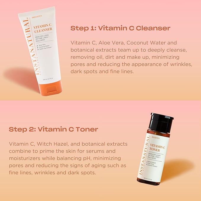 InstaNatural Vitamin C Four Step Skin Care Set, Skincare Routine, Brightens, Hydrates, Prevents Signs of Aging, Face Wash, Toner, Serum and Moisturizer, with Botanical Extracts