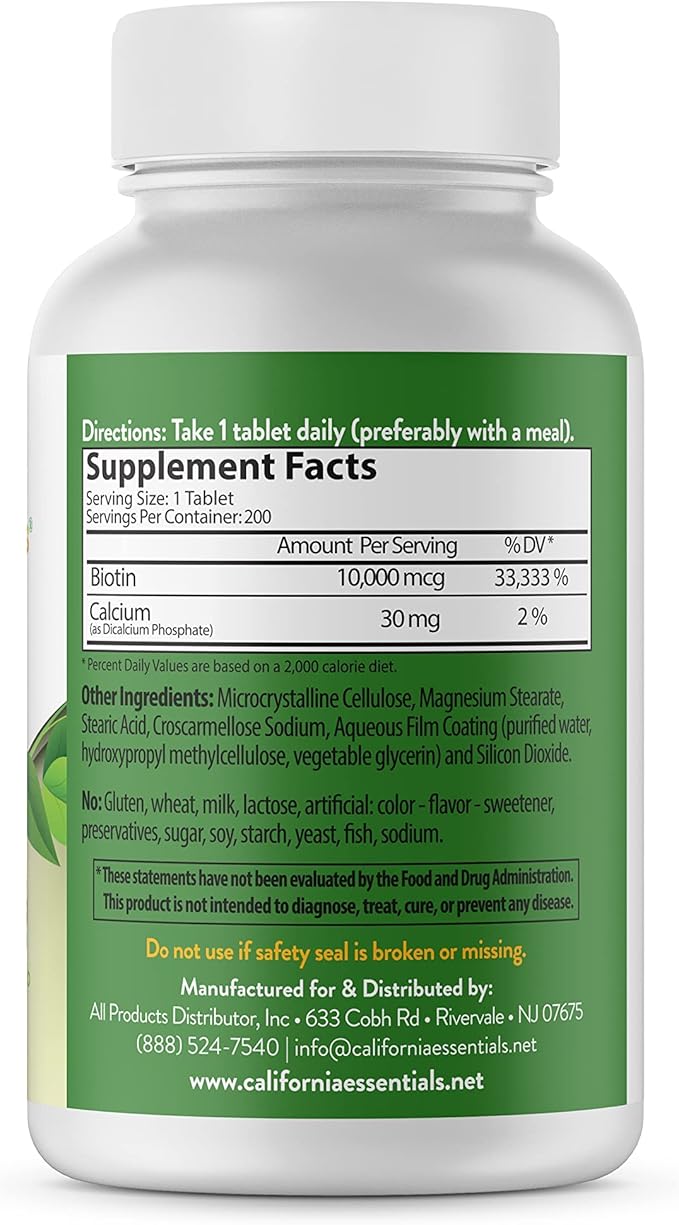 California Essentials Biotin 10000mcg | Vitamin B7 Promotes Healthy Skin, Hair & Nail Growth | High Potency Dietary Supplement for Men & Women | Non-GMO, Vegan, Gluten & Dairy Free (200 Tablets)