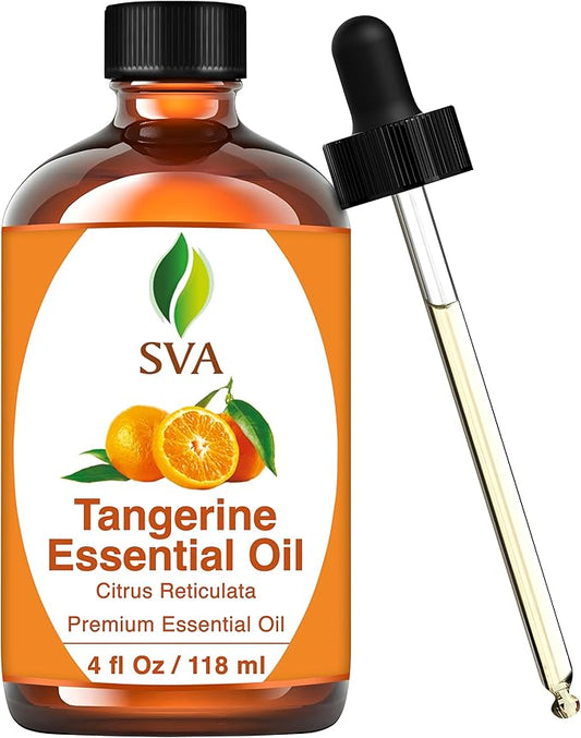 SVA Tangerine Essential Oil – 4 Fl Oz – 100% Natural Tangerine Oil - for Diffuser, Hair Care, Face, Skin Care, Aromatherapy, Scalp and Body Massage, Soap and Candle Making – with Dropper