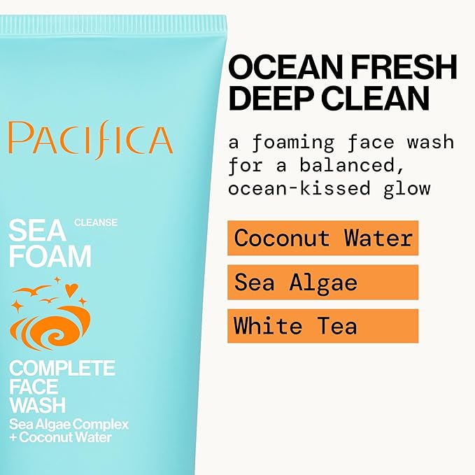 Pacifica Beauty Sea Foam Face Cleanser, Daily Gentle Foaming Face Wash, With Coconut Water + Sea Algae Complex, Removes Makeup, For Combination and Oily Skin, Vegan and Cruelty Free, Clean Skin Care