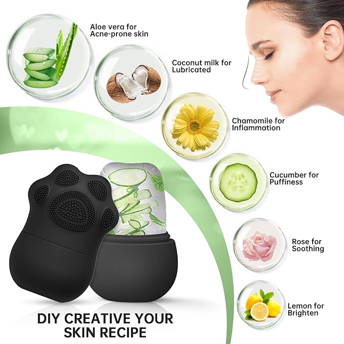 Ice Face Roller For Women, Ice Cube for face and Eyes,De-Puff Eye Bags,Reduce Migraine Pain,Cat Claws Reusable Massage Silicone Ice mold Skin Care Tools (Black)