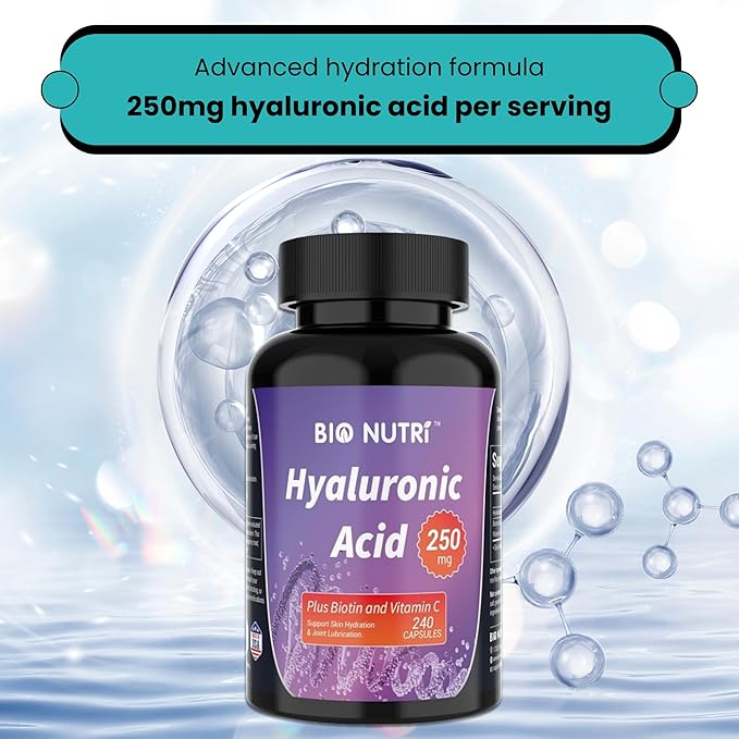 Hyaluronic Acid Supplements - 250mg Pure Hyaluronic Acid with Vitamin C & Biotin - Hyaluronic Acid Capsules for Skin, Hair & Joint Support - 240 Capsules