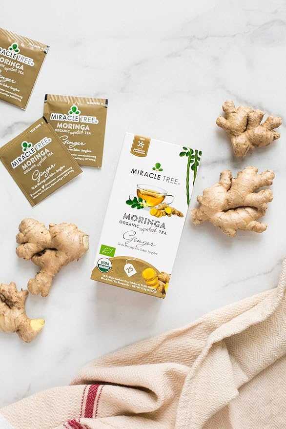 Miracle Tree - 6 Count of Organic Moringa Superfood Tea, 25 Individually Sealed Tea Bags, Ginger (Keto, Detox, Energy/Immunity Booster, Vegan, Gluten-Free, Organic, Non-GMO, Caffeine-Free)