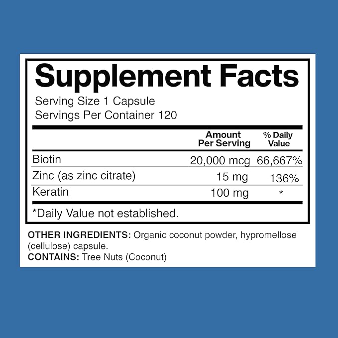 Biotin 20,000mcg with Keratin, Coconut Powder and Zinc, Hair Growth Supplements, Biotin Supplements, Healthy Hair Skin & Nails for Adults,120 Veggie Capsules, 120 Day Supply