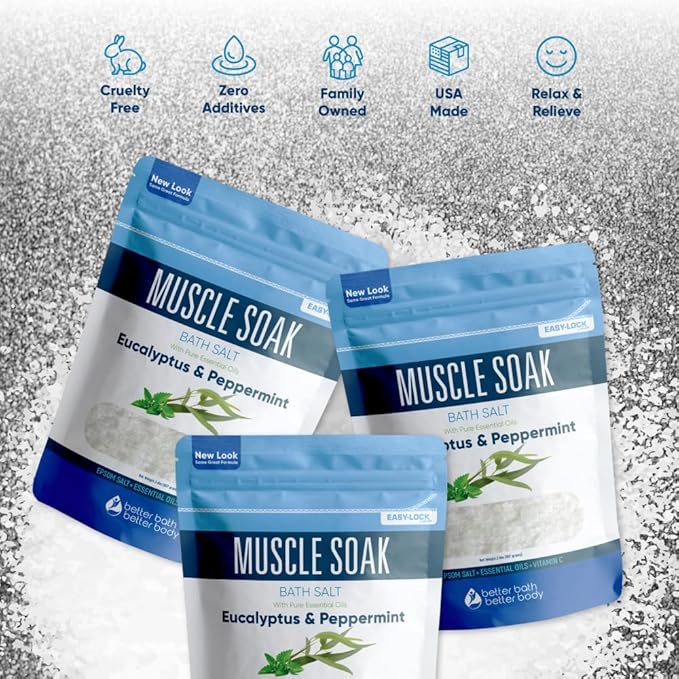 Muscle Bath Salt (3-Pack with Scoop) Muscle Bath Soaks with Pure Essential Oils in BPA Free Pouch with Press-Lock Seal Made in USA, Three 2-lbs Pouches 6-Lbs Total