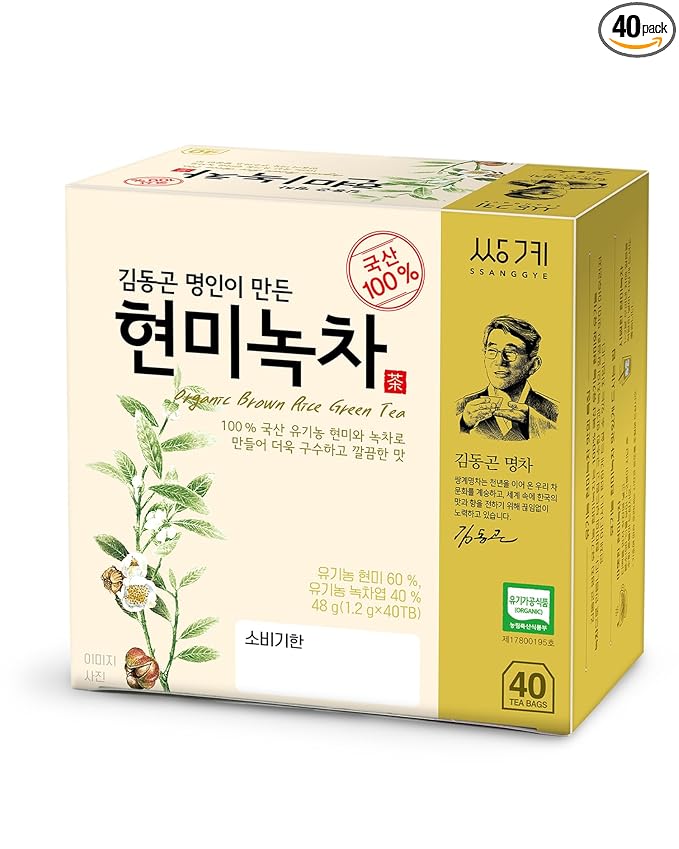 Ssanggye Brown Rice Green Tea 1.2g x 40 Tea Bags, Premium Korean Herbal Tea Hot Cold Soft Taste 4 Seasons Made in Korea