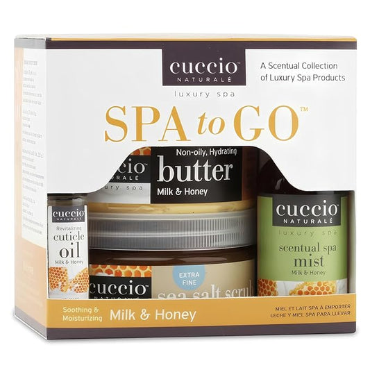 Cuccio 4 Piece Spa To Go Kit – Milk & Honey – Nourishing Skincare Set for Hydration and Softening