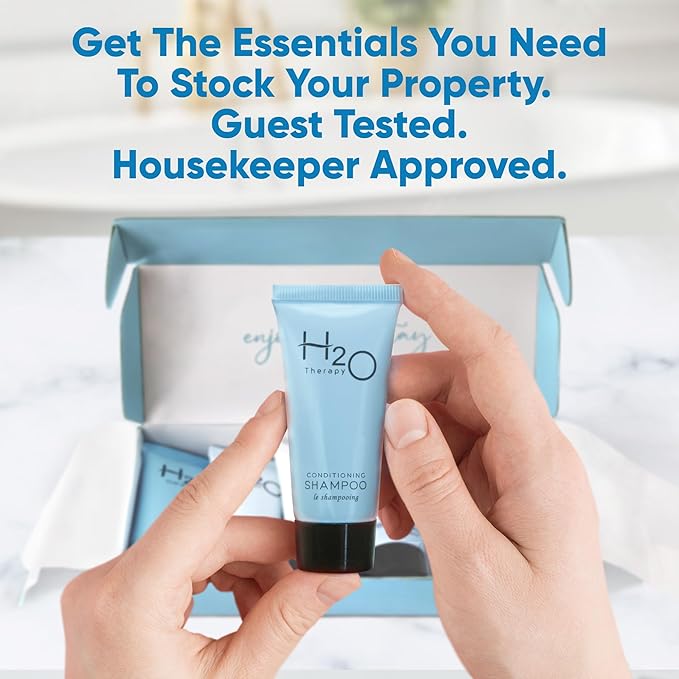 H2O Therapy Amenity Kit | Hotel Bulk Toiletries | 0.85 oz Shampoo, Conditioner, Lotion, Body Wash, Body Bar Soap for Guest Hospitality Vacation Rentals | 60 Sets/Case